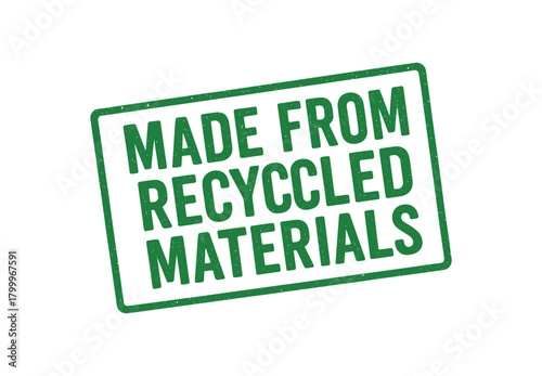 Green rubber stamp text MADE FROM RECYCLED MATERIALS rectangular outline bold capital letters distressed texture rotation isolated on white background vector illustration clean minimal style