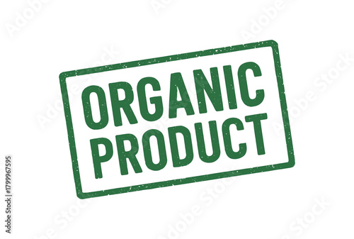 Green rubber stamp text ORGANIC PRODUCT rectangular outline bold capital letters distressed texture rotation isolated on white background vector illustration clean minimal style