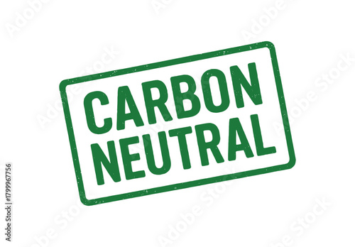 Green rubber stamp text CARBON NEUTRAL rectangular outline bold capital letters distressed texture rotation isolated on white background vector illustration clean minimal style
