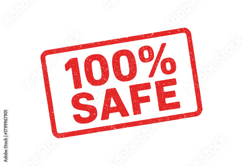 Red rubber stamp text 100% SAFE rectangular outline bold capital letters distressed texture rotation isolated on white background vector illustration clean minimal style