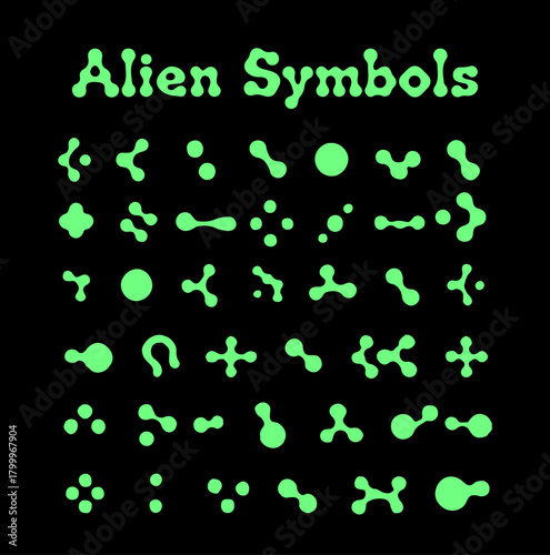Vector illustration showcases neon green, organic alien symbols on a solid black background. The style is playful and futuristic, using rounded, abstract shapes to create a cosmic sci-fi theme.
