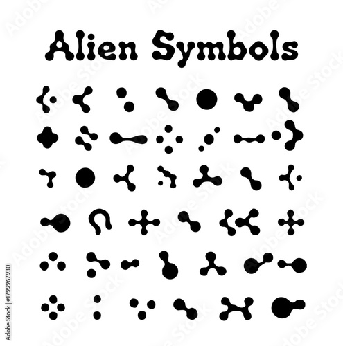 Vector illustration features bold black alien symbols with organic, abstract shapes on a white background. The style is modern and minimalistic, evoking a mysterious extraterrestrial theme.