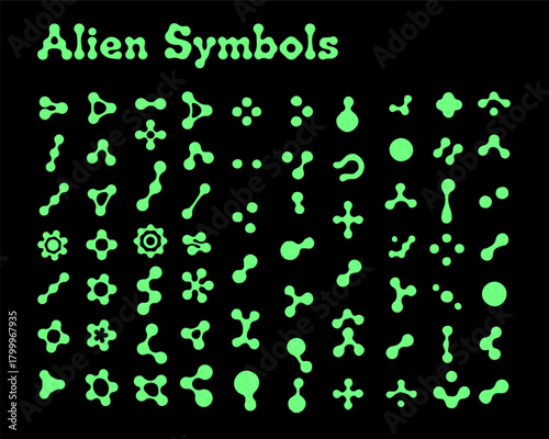 Vector illustration showcases neon green, organic alien symbols on a solid black background. The style is playful and futuristic, using rounded, abstract shapes to create a cosmic sci-fi theme.

