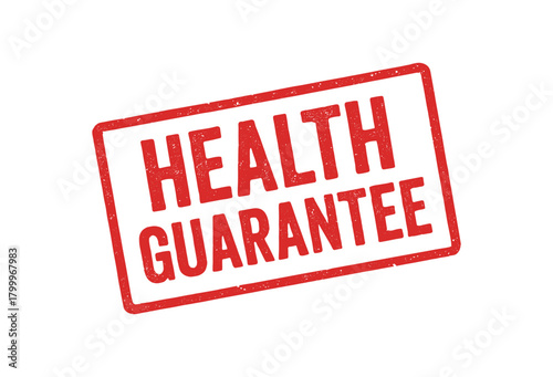 Red rubber stamp text HEALTH GUARANTEE rectangular outline bold capital letters distressed texture rotation isolated on white background vector illustration clean minimal style