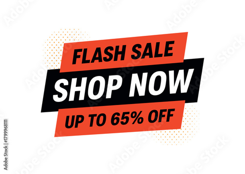 Flat vector banner design top text SALE main text SHOP NOW bottom text UP TO 65% OFF red and black bold rectangular banner subtle halftone dots