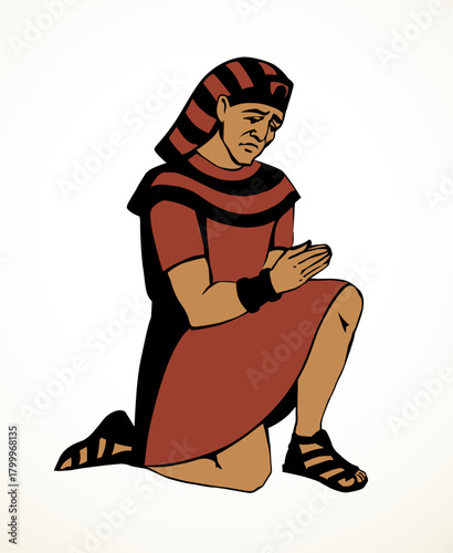 Vector drawing. Egyptian man bow in praying