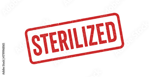 Red rubber stamp text STERILIZED rectangular outline bold capital letters distressed texture rotation isolated on white background vector illustration clean minimal style
