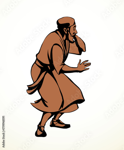 Vector drawing. Afraid man in eastern clothes