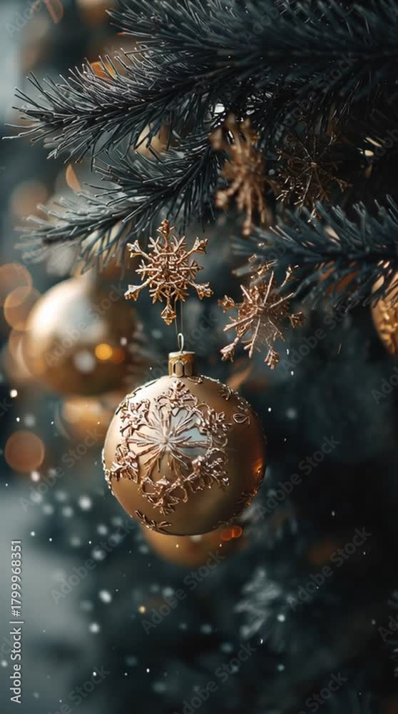 custom made wallpaper toronto digitalGolden Christmas ornaments hang on a pine branch with shimmering bokeh. Warm festive tones create a luxurious winter mood perfect for seasonal celebrations and cozy home decor.