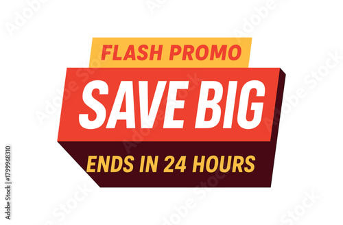 Flat vector banner design top text PROMO main text SAVE BIG bottom text ENDS 24 HOURS bold red with dark shadow