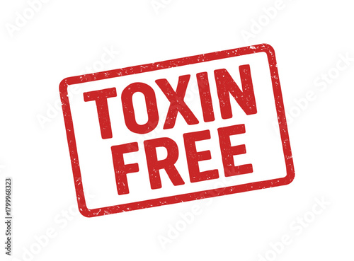 Red rubber stamp text TOXIN FREE rectangular outline bold capital letters distressed texture rotation isolated on white background vector illustration clean minimal style