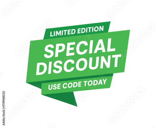 Flat vector banner design top text LIMITED EDITION main text SPECIAL DISCOUNT bottom text USE CODE TODAY green and white flat geometric banner with soft drop shadow