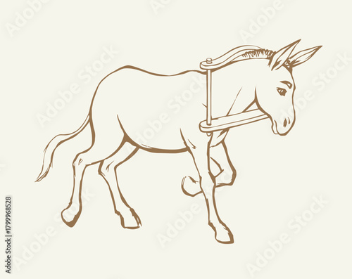 Vector drawing. Cute old mule
