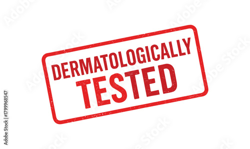 Red rubber stamp text DERMATOLOGICALLY TESTED rectangular outline bold capital letters distressed texture rotation isolated on white background vector illustration clean minimal style