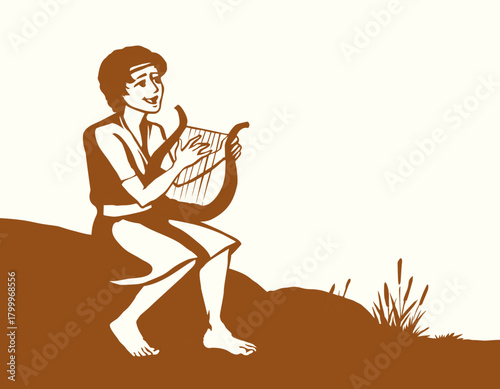 Vector drawing. Guy playing the harp