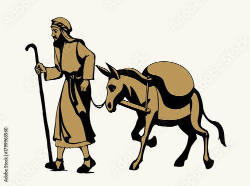 Vector drawing. Donkey loaded with cargo