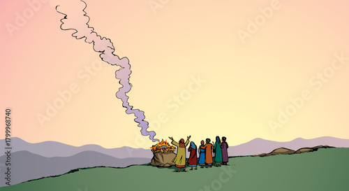 Vector drawing. Noah Offers a Sacrifice to God