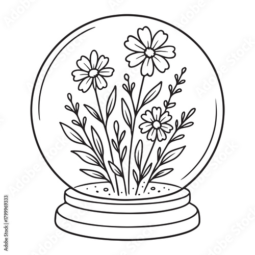 Botanical snow globe with blooming flowers. Black and white vector illustration in line art style 