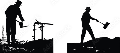 agriculture, labor, silhouette, posture, motion, shovel, water, gear, irrigation, soil, plant, icon, rural, work