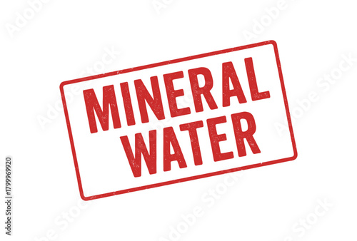 Red rubber stamp text MINERAL WATER rectangular outline bold capital letters distressed texture rotation isolated on white background vector illustration clean minimal style