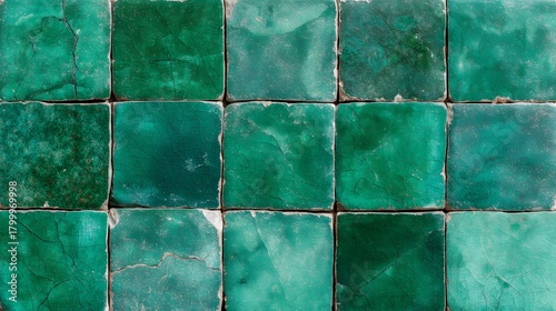 Moroccan handmade mosaic tile background, green ceramic tile texture pattern