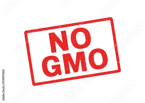 Red rubber stamp text NO GMO rectangular outline bold capital letters distressed texture rotation isolated on white background vector illustration clean minimal style