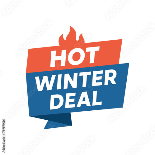 Flat vector banner design text Hot Winter Deal bold geometric font red and blue palette ribbon folded shape