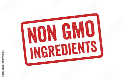 Red rubber stamp text NON GMO INGREDIENTS rectangular outline bold capital letters distressed texture rotation isolated on white background vector illustration clean minimal style