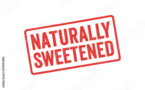 Red rubber stamp text NATURALLY SWEETENED rectangular outline bold capital letters distressed texture rotation isolated on white background vector illustration clean minimal style