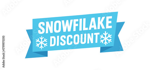Flat vector banner design text Snowflake Discount bold geometric font white and light blue palette ribbon folded shape