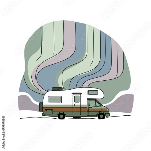 Camper van parked under Northern Lights in snowy field  