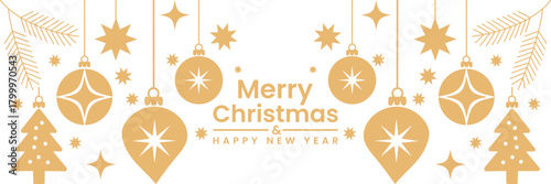 Elegant merry christmas and happy new year greeting card design with golden ornaments, festive trees, and sparkling stars Vector