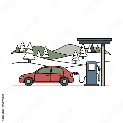 Car refueling at gas station in winter landscape with mountains  