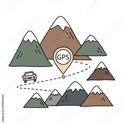 Car navigating snowy mountains using GPS for winter road trip  