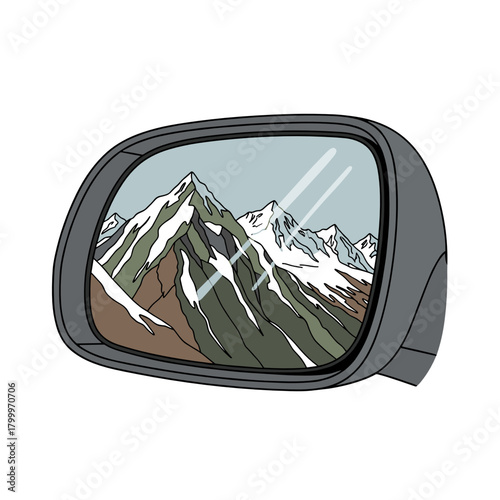 Car side mirror reflecting snowy mountain range during winter road trip  