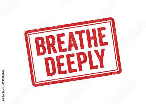 Red rubber stamp text BREATHE DEEPLY rectangular outline bold capital letters distressed texture rotation isolated on white background vector illustration clean minimal style