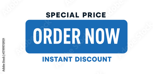 Flat vector banner design top text SPECIAL PRICE main text ORDER NOW bottom text INSTANT DISCOUNT blue and gray wide rectangle with subtle dots