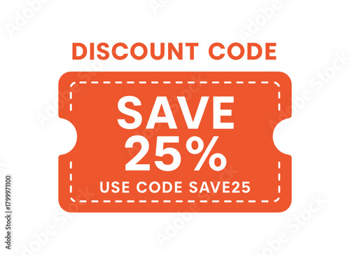 Flat vector banner design top text DISCOUNT CODE main text SAVE 25% bottom text USE CODE SAVE25 red coupon label design with white text