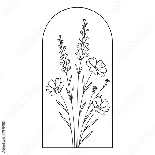 Wildflowers framed in an arched window shape. Line art black and white minimalistic vector illustration
