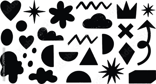 Collection of diverse black abstract organic shapes and geometric forms on white background