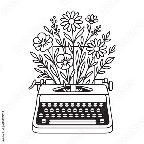 Vintage typewriter with blooming flowers emerging from the paper feed in elegant line art. Black and white vector illustration