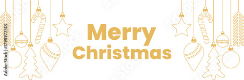 Elegant golden outline merry christmas greeting card banner with hanging festive holiday ornaments on white background Vector,holidays poster,banner,background design 
