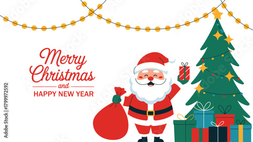  Santa Claus with gift sack and present beside decorated Christmas tree, “Merry Christmas and Happy New Year” greeting on white background