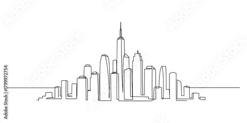 Minimalist black and white line art of modern city skyline with tall skyscrapers for urban architecture and design concept