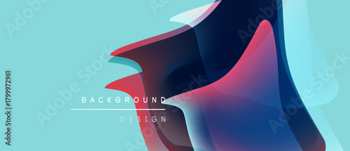 Abstract shapes overlap, creating dynamic visual effect. Blue, red hues dominate light turquoise background. Modern design element.