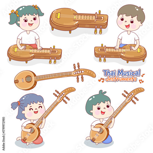 Kids playing traditional Thai musical instruments.