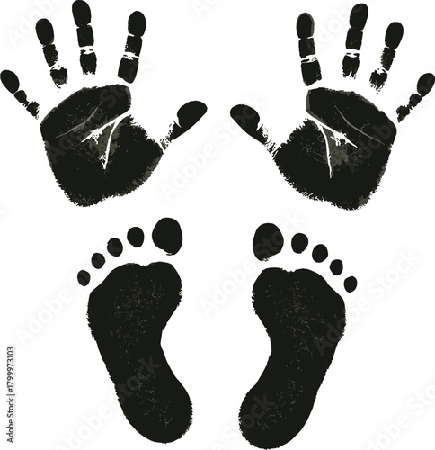 Black ink hand and foot prints illustration, realistic human texture vector for art, anatomy, forensic, or educational design use