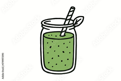 handdrawn cute doodle style green smoothie glass vector line illustration