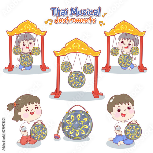 Kids playing traditional Thai musical instruments.