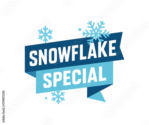Flat vector banner design text Snowflake Special bold geometric font icy blue and navy palette ribbon folded shape